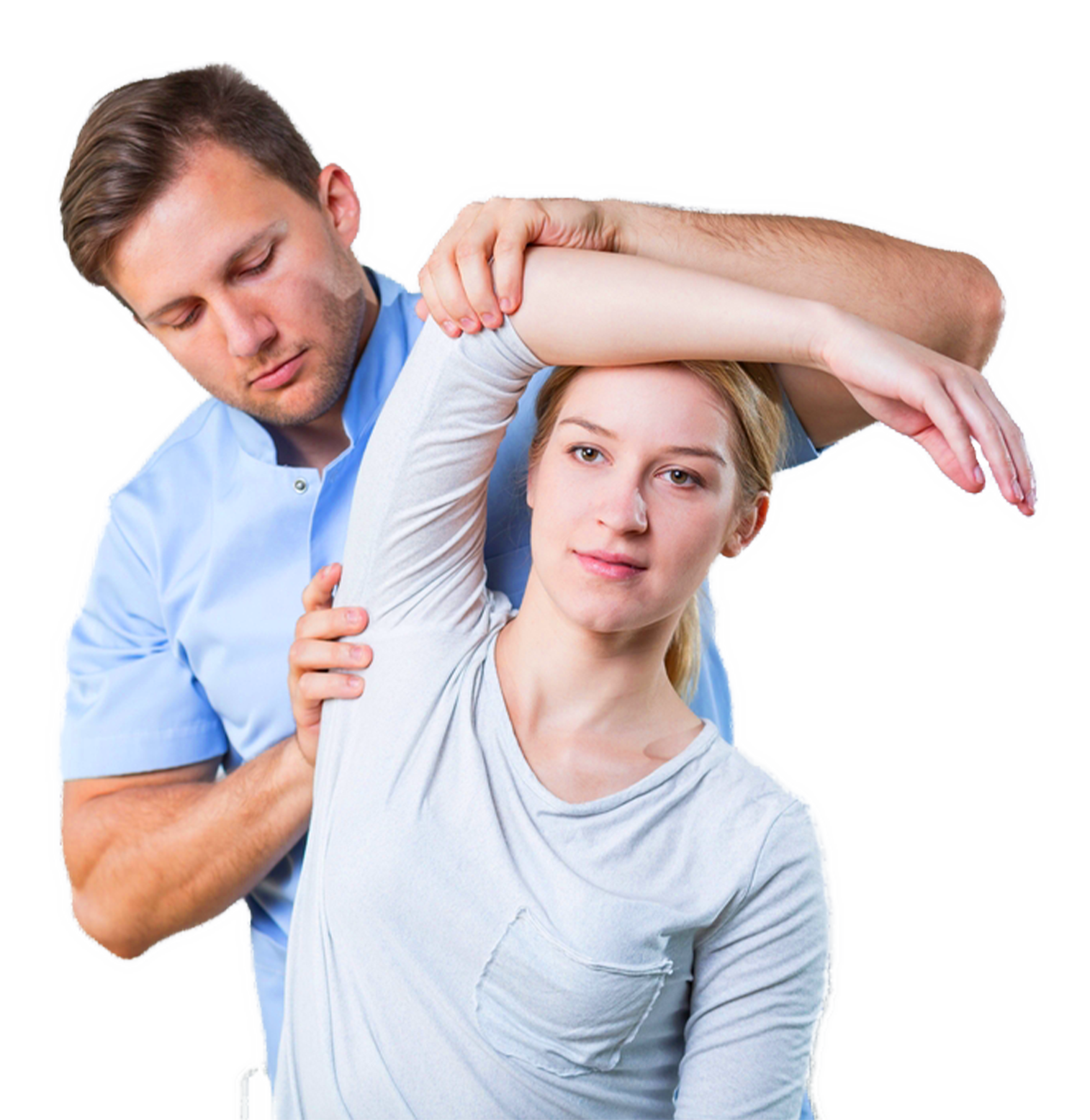 Physiotherapeut mobilisiert Schulter und Nacken einer Patientin in Mönchengladbach
